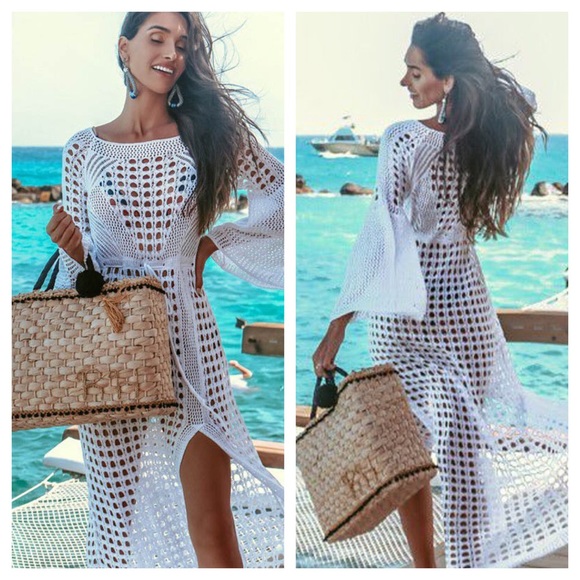 Boho White Crochet Knit Beach Dress Bikini Coverup - Picture 6 of 16